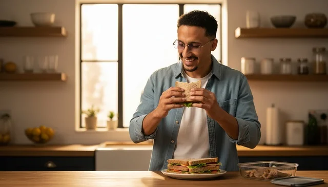 Saudi Man Eating Sandwich in Kitchen