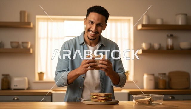 رجل عربي في المطبخ يحمل شطيرة صحية
