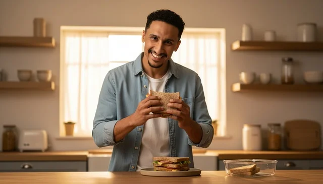 Arab Man in Kitchen Holding Healthy Sandwich