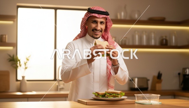 رجل سعودي بالزي التقليدي يتناول شطيرة صحية