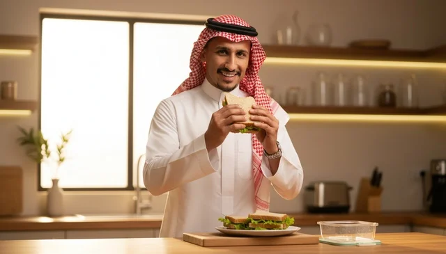 Saudi Man in Traditional Thobe Eating Healthy Sandwich