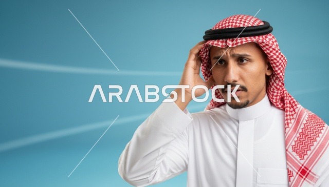 رجل سعودي بالثوب والشماغ بتعبيرات حائرة