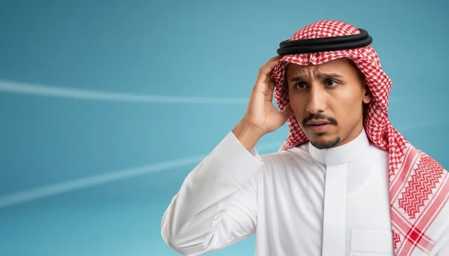 رجل سعودي بالثوب والشماغ بتعبيرات حائرة