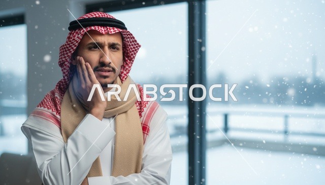 رجل سعودي يعاني من ألم الأسنان في الشتاء
