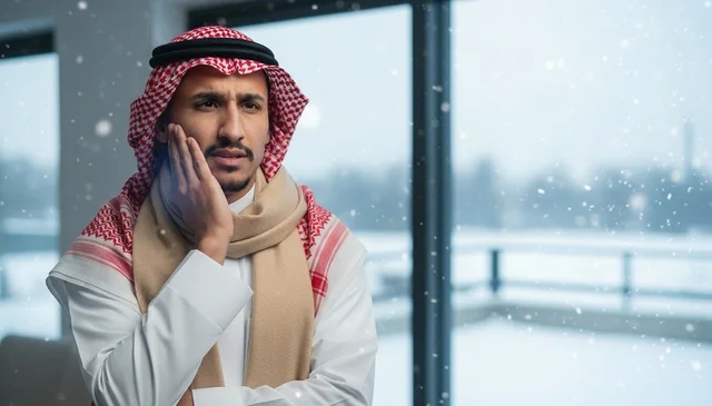Saudi Man with Toothache Pain in Winter Setting