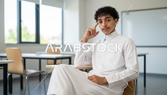 طالب سعودي شاب بالثوب التقليدي في الفصل الدراسي
