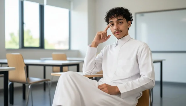 طالب سعودي شاب بالثوب التقليدي في الفصل الدراسي