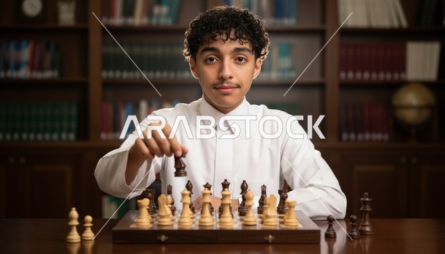 شاب سعودي بالثوب الأبيض يلعب الشطرنج في المكتبة