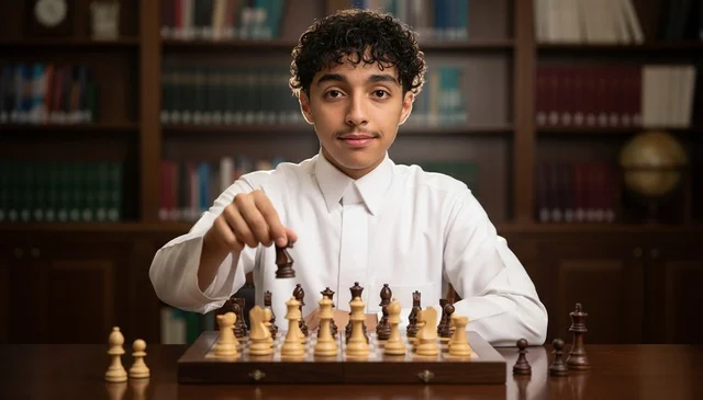 Saudi Man Wearing Thobe Playing Chess in Library