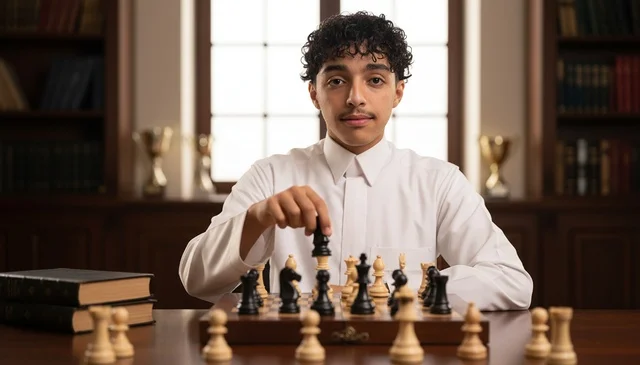 Saudi Man in Traditional Thobe Playing Chess in Library