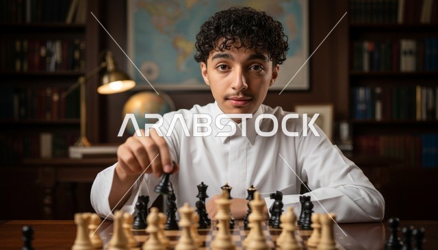 رجل سعودي بالثوب الأبيض يلعب الشطرنج في المكتبة
