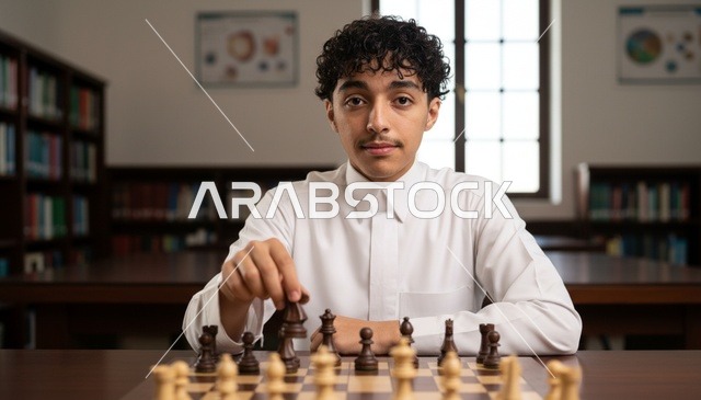 شاب سعودي بالثوب الأبيض يلعب الشطرنج في المكتبة