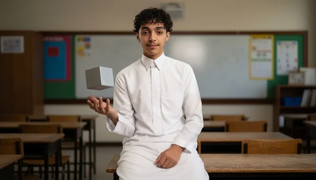 Saudi Student in Traditional Thobe with Floating Cube