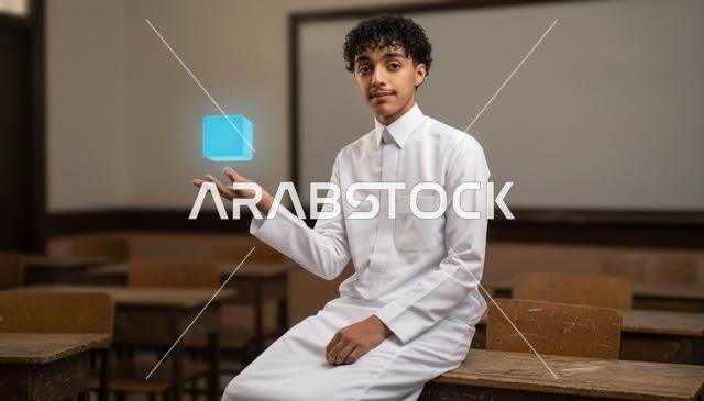 طالب سعودي في الفصل الدراسي مع مكعب رقمي