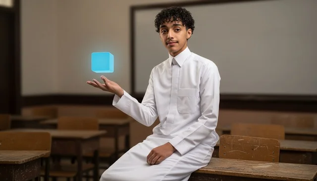 Saudi Student in Classroom with Digital Cube