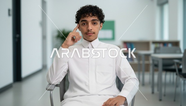 شاب سعودي يرتدي الثوب الأبيض في وضعية تفكير بالمكتب
