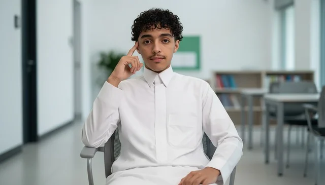 Saudi Man in White Thobe Thinking in Modern Office