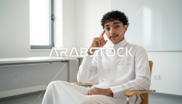 شاب سعودي بالثوب الأبيض في وضعية تفكير داخل مكتب