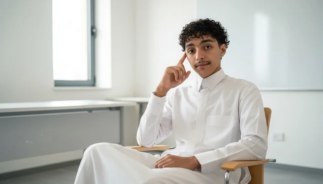 شاب سعودي بالثوب الأبيض في وضعية تفكير داخل مكتب