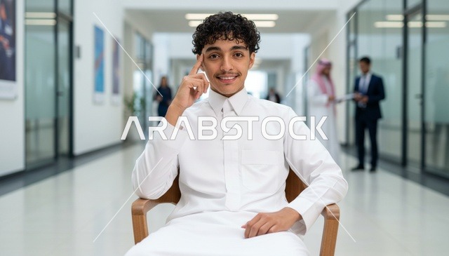 شاب سعودي بالثوب الأبيض يفكر في مكتب حديث