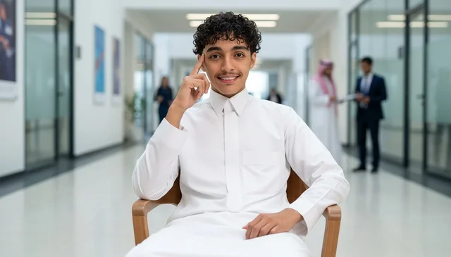 شاب سعودي بالثوب الأبيض يفكر في مكتب حديث