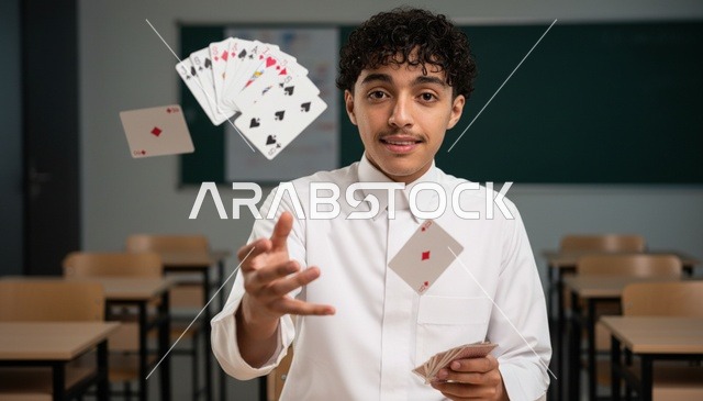 طالب سعودي يقوم بخدعة ورق في فصل دراسي