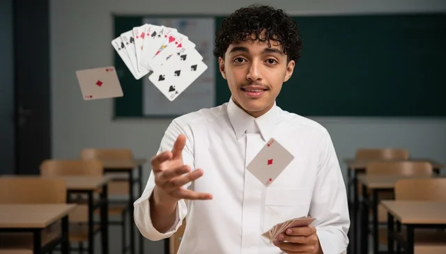 Saudi Student Performing Magic Card Trick in Classroom