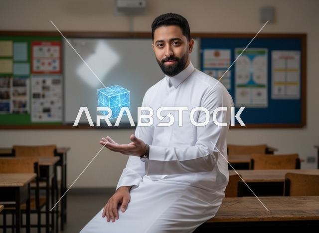 رجل سعودي بالثوب يحمل هولوغرام رقمي في فصل دراسي