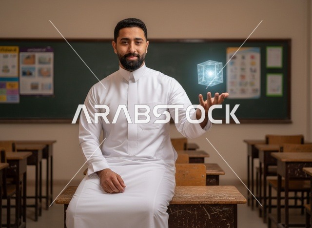رجل سعودي في فصل دراسي مع تقنية رقمية