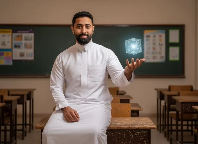 رجل سعودي في فصل دراسي مع تقنية رقمية