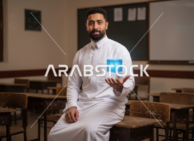 رجل سعودي في فصل دراسي مع مكعب هولوغرام رقمي