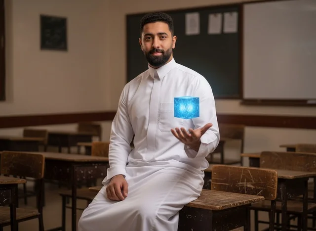 Saudi Man in Classroom with Digital Hologram Cube