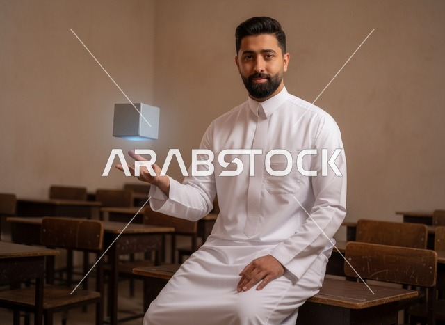 رجل سعودي بالثوب مع مكعب رقمي في الفصل الدراسي