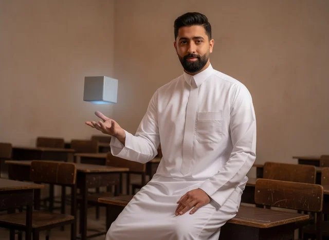 رجل سعودي بالثوب مع مكعب رقمي في الفصل الدراسي