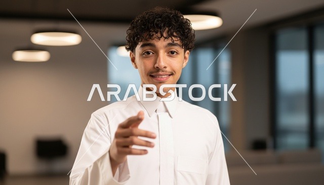 رجل سعودي بالثوب الأبيض يصافح في المكتب