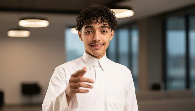 Saudi Man in White Thobe Greeting in Office