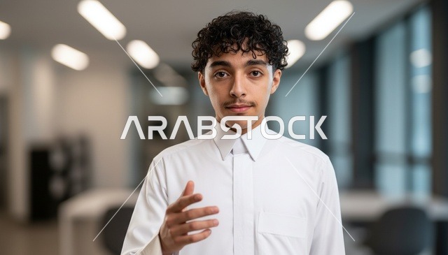 شاب سعودي بالثوب الأبيض يتحدث في مكتب حديث