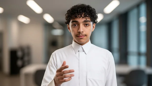 شاب سعودي بالثوب الأبيض يتحدث في مكتب حديث
