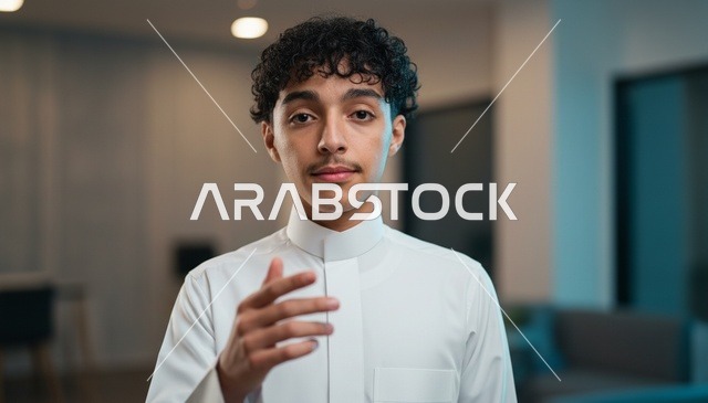 شاب سعودي يرتدي الثوب الأبيض يتحدث في الداخل