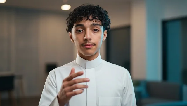 شاب سعودي يرتدي الثوب الأبيض يتحدث في الداخل