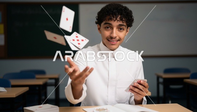شاب سعودي بالثوب يرمي أوراق اللعب في الفصل الدراسي