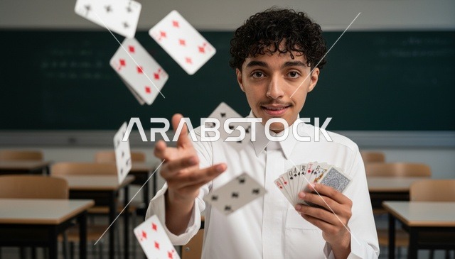 طالب سعودي يرمي أوراق اللعب في الفصل الدراسي