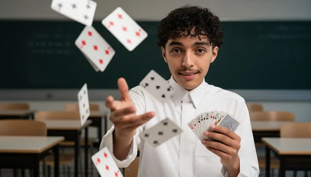 Saudi Student Throwing Playing Cards in Classroom