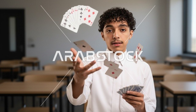 شاب سعودي يؤدي خدع ورق اللعب في الفصل