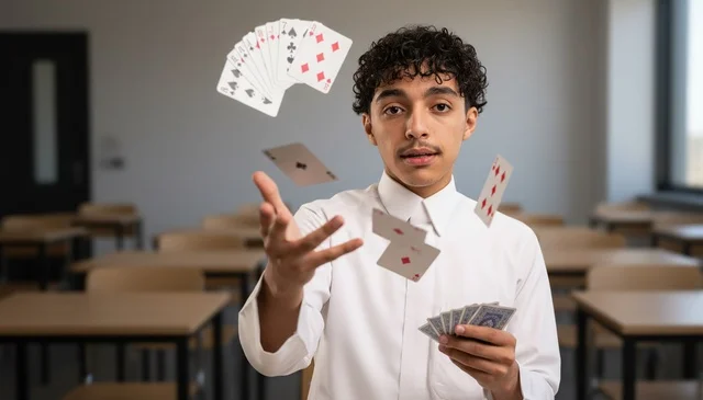 Saudi Man Performing Magic Card Tricks in Classroom