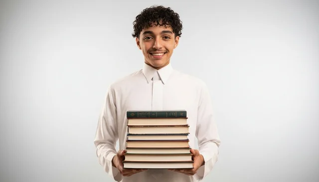 طالب سعودي بالثوب الأبيض التقليدي يحمل مجموعة من الكتب