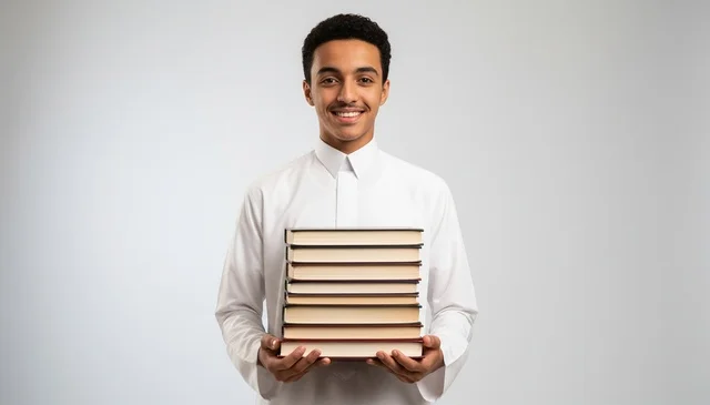 Young Saudi Man in White Thobe Holding a Stack of Books