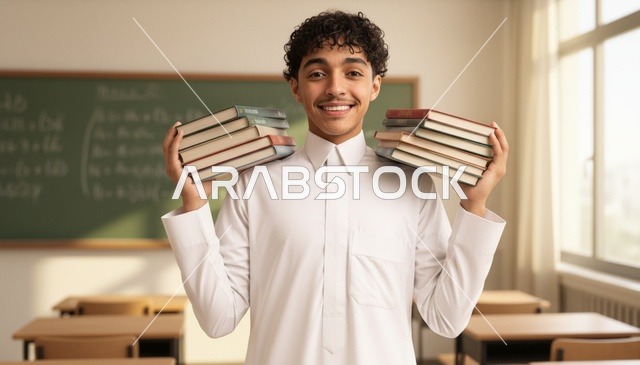 طالب سعودي بالثوب الأبيض يحمل كتباً في الفصل الدراسي