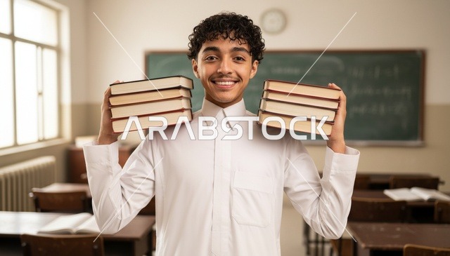طالب سعودي بالثوب الأبيض يحمل كتباً في الفصل