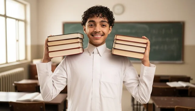 طالب سعودي بالثوب الأبيض يحمل كتباً في الفصل